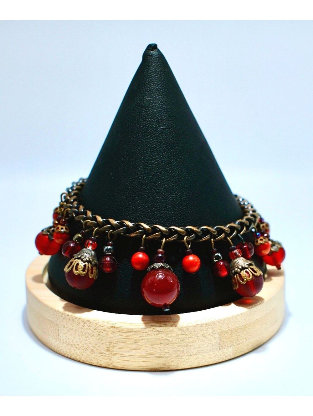 Rita D Bronze-Tone Charm Bracelet with Red Glass Bead Dangles, 7.5"